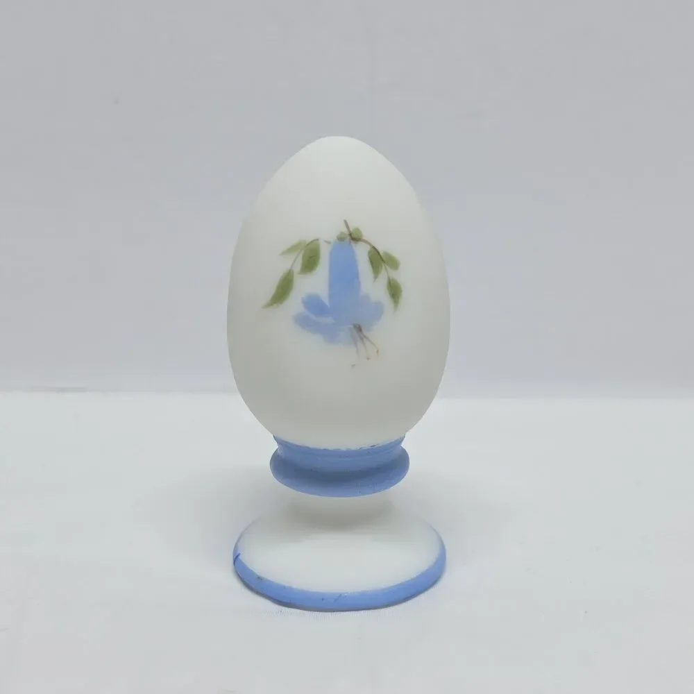 FENTON SATIN MILK GLASS HAND PAINTED BLUE BELLS EGG ON STAND SIGNED VINTAGE
